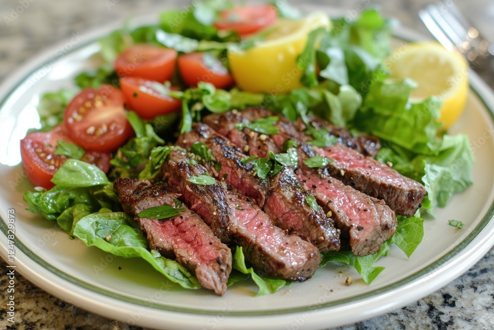 Seared steak slices on fresh lettuce with cherry tomatoes and lemon wedges. Perfect for restaurant menus, blogs, or recipes showcasing healthy, delicious meals. Seared steak slices on fresh lettuce with cherry tomatoes and lemon wedges. Perfect for restaurant menus, blogs, or recipes showcasing healthy, delicious meals.