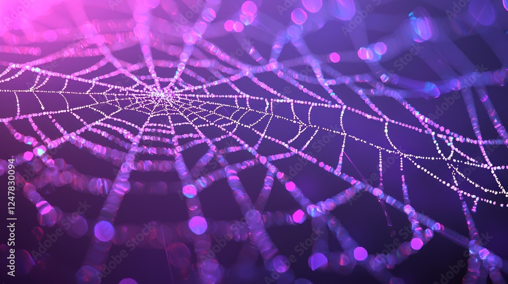 Obraz premium Neon Lights Illuminating Glistening Spiderweb Fractal with Prismatic Highlights in Ultra-Detailed Cinematic Image