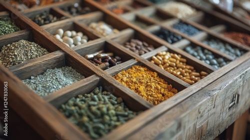 Close-up of herbal supplements in a neatly arranged wooden box photo