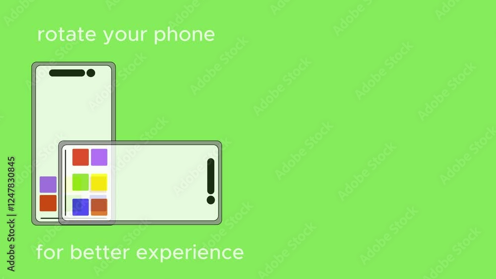 Animation rotate your phone video with green background, grey device and colorful icon. Animation rotate your phone video with green background, grey device and colorful icon.