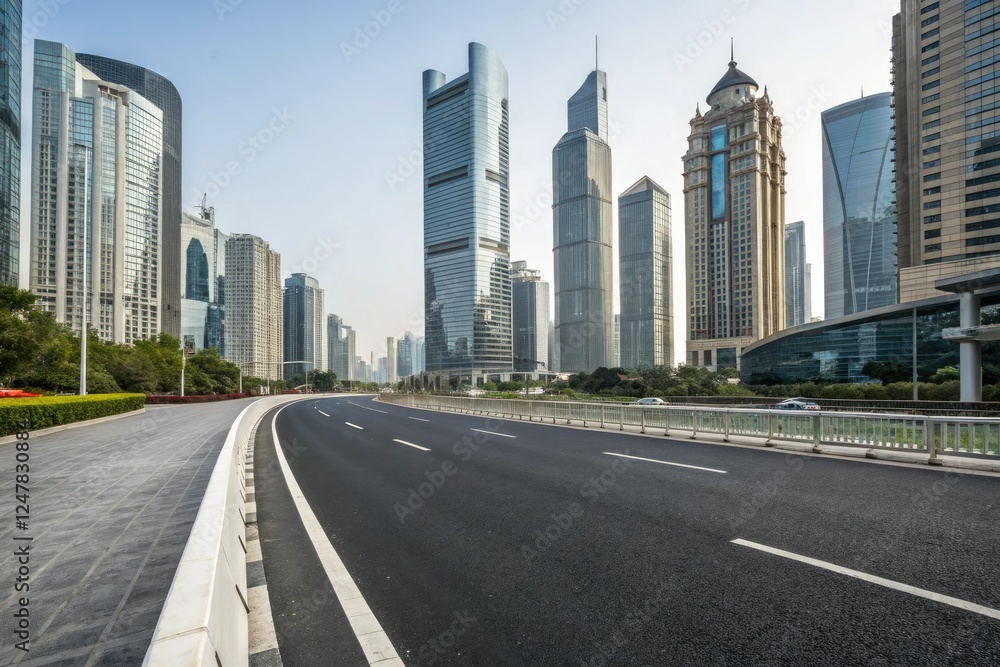 Empty asphalt road passing through the heart of a modern city amidst towering skyscrapers and office buildings, skyscraper, modern cityscape, concrete highway, urban sprawl, high-rise buildings Empty asphalt road passing through the heart of a modern city amidst towering skyscrapers and office buildings, skyscraper, modern cityscape, concrete highway, urban sprawl, high-rise buildings
