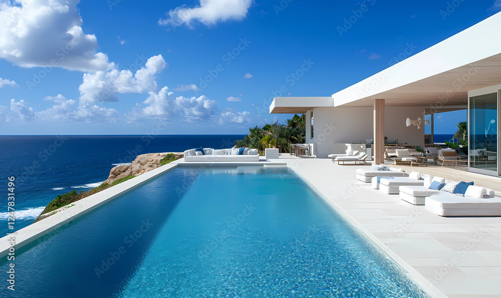 Fototapeta premium Pristine White-Tiled Pool with Sparkling Ocean Views, Creating a Relaxing and Luxurious Outdoor Escape