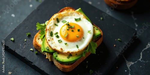 A Delicious Open-Faced Sandwich Featuring a Perfectly Fried Egg, Creamy Avocado, and Fresh Herbs Served on Toasted Bread photo