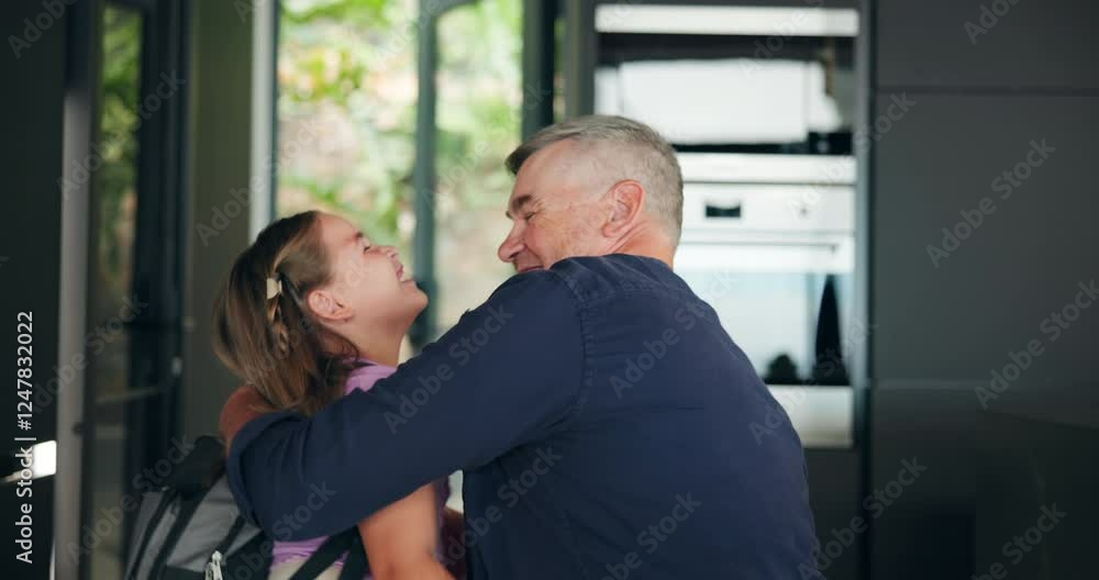Home, father and child with kiss for school, education and ready for learning on first day. Morning, dad and girl with backpack for leaving, goodbye embrace and parent for support with hug in kitchen Home, father and child with kiss for school, education and ready for learning on first day. Morning, dad and girl with backpack for leaving, goodbye embrace and parent for support with hug in kitchen
