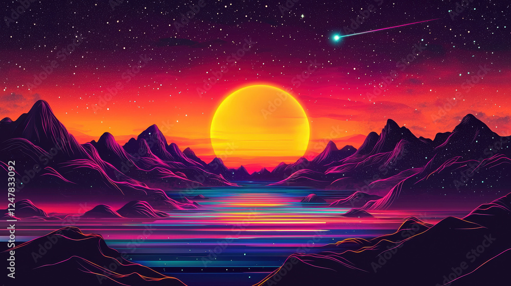 A starry sky with a shooting star on sky neon colors A starry sky with a shooting star on sky neon colors