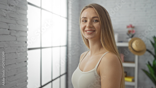 Free Download Woman smiling indoors, blonde hair, casual attire, bright home setting, standing by window, cheerful atmosphere, cozy apartment, feminine presence, inviting living space. - GFXLoad