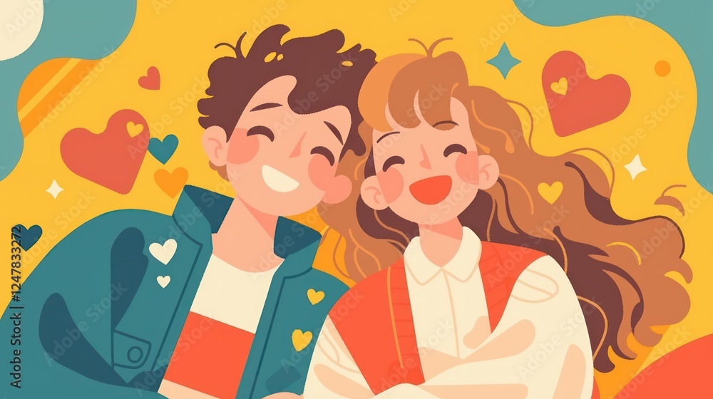 Cheerful couple embracing, surrounded by hearts and geometric accents Cheerful couple embracing, surrounded by hearts and geometric accents