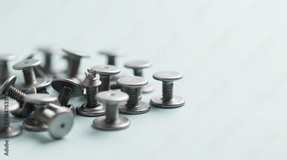 A Close-Up View of Multiple Metallic Fasteners Scattered on a Smooth Surface A Close-Up View of Multiple Metallic Fasteners Scattered on a Smooth Surface