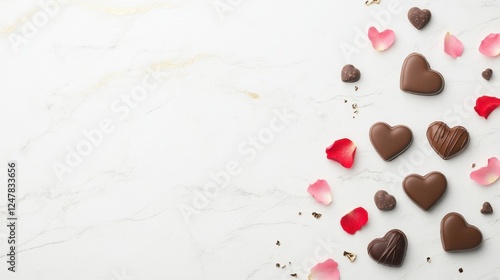 Assorted Chocolate Hearts with Rose Petals on Marble Background for Romantic Occasions and Celebrations