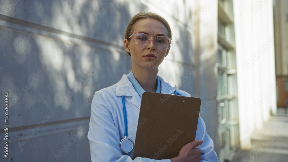 Fototapeta premium Confident woman doctor standing outside hospital wearing glasses holding clipboard in urban setting with sunlight casting shadows softly on the concrete wall behind her