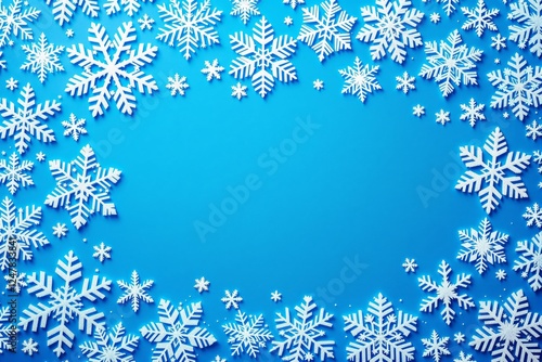 White snowflakes arranged as a decorative border on a vibrant blue background. Winter holiday theme with a creative concept for festive designs. Ai generative photo