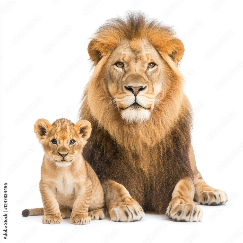 Regal Lion Sitting Proudly with Adorable Lion Cub on a White Background Regal Lion Sitting Proudly with Adorable Lion Cub on a White Background