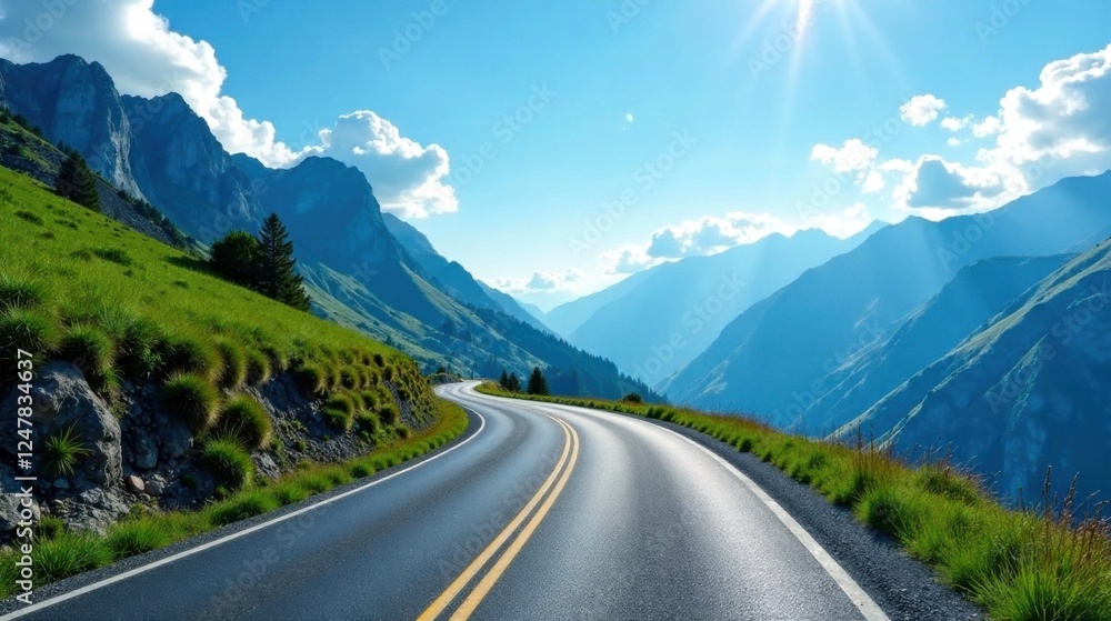 Asphalt ribbon unwinding through a majestic mountain range, bathed in the golden sunlight of a summer day, showcasing a breathtaking vista of nature's grandeur. Asphalt ribbon unwinding through a majestic mountain range, bathed in the golden sunlight of a summer day, showcasing a breathtaking vista of nature's grandeur.