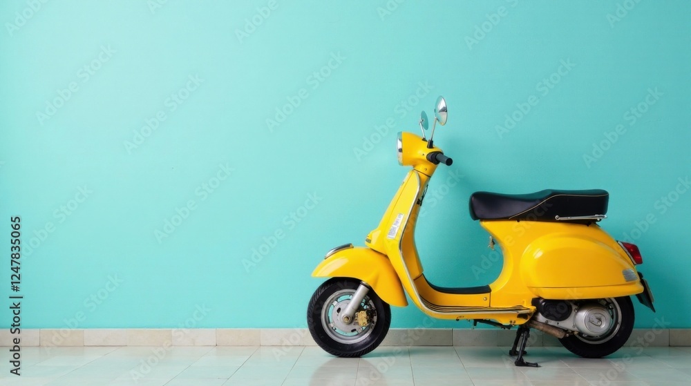 A Vibrant Yellow Scooter Leans Against a Light Teal Wall, Ready for a Sunny Day Adventure A Vibrant Yellow Scooter Leans Against a Light Teal Wall, Ready for a Sunny Day Adventure