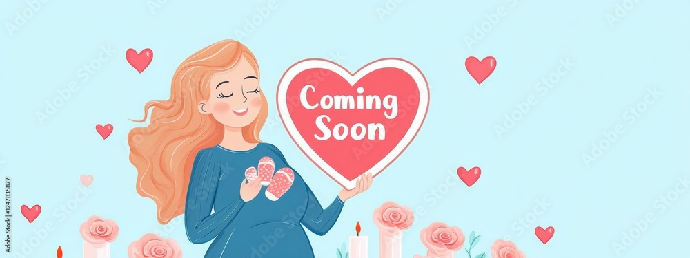 Happy Expecting Mother with Heart Sign and Roses Illustrating a Joyful Announcement of a New Arrival Happy Expecting Mother with Heart Sign and Roses Illustrating a Joyful Announcement of a New Arrival