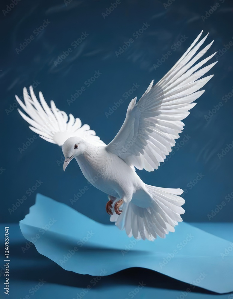 Intricately designed paper white dove soaring on blue paper, artistry, soft color palette, inspirational imagery, dove shape, creative hobby Intricately designed paper white dove soaring on blue paper, artistry, soft color palette, inspirational imagery, dove shape, creative hobby