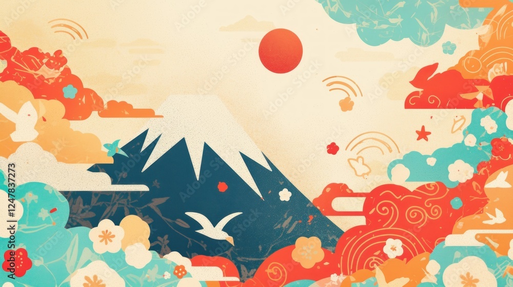 Whimsical rendition of a Japanese landscape with Mount Fuji and motifs Whimsical rendition of a Japanese landscape with Mount Fuji and motifs