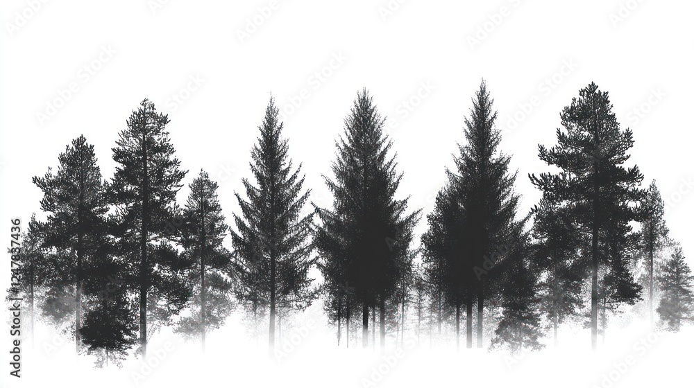 Silhouette of pine trees on misty mountain Silhouette of pine trees on misty mountain