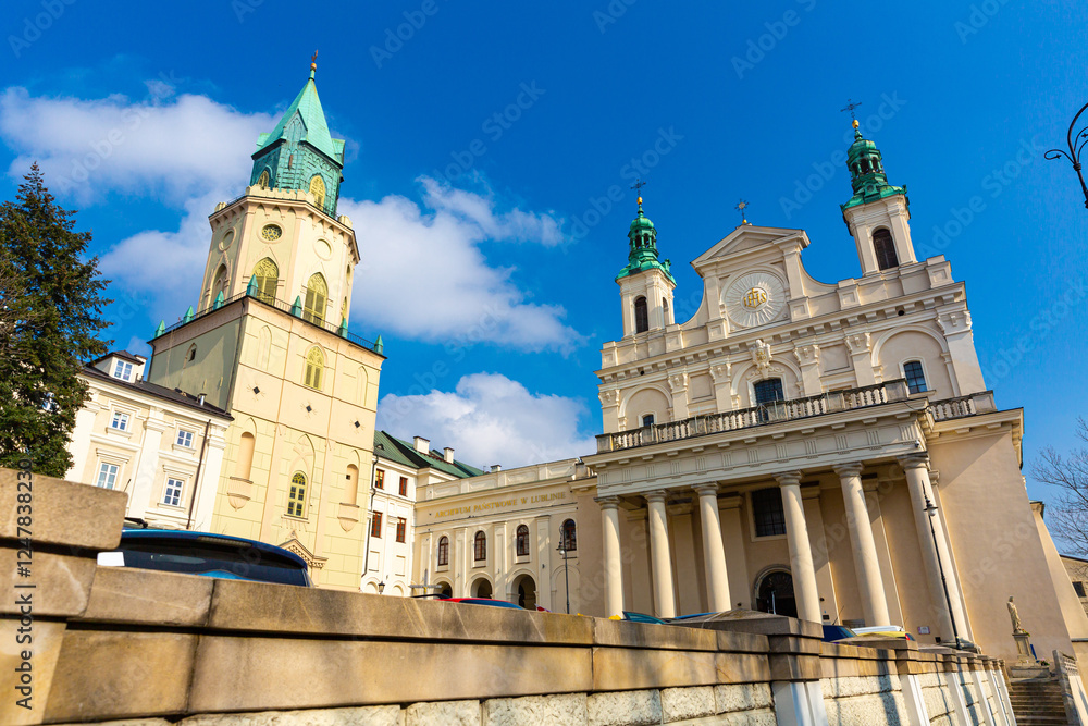 Obraz premium View of Roman Catholic Cathedral of St. John Baptist in centre of Polish city of Lublin in sunny spring day