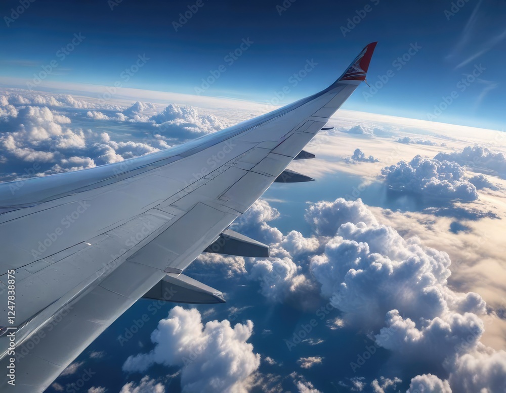 Obraz premium Long exposure photo of airplane wing against clear blue sky with few high-level clouds , clear blue sky, flight