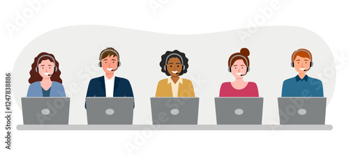 Call center customer care operators with headsets at the desk. Customer support service agents, men and women, talking with clients. Contact center assistants.