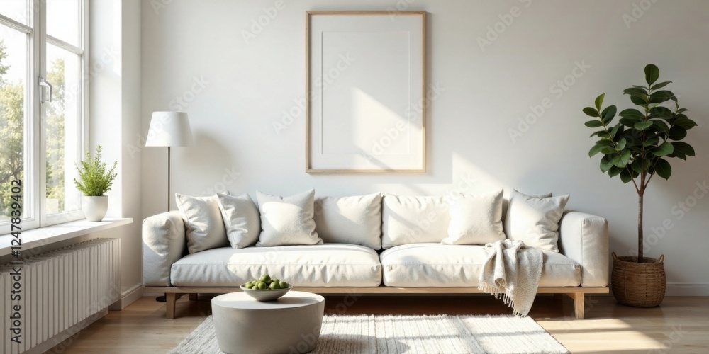 Serene Minimalist Living Room Design Featuring a Comfortable Sofa, Natural Light, and Simple Decor Serene Minimalist Living Room Design Featuring a Comfortable Sofa, Natural Light, and Simple Decor