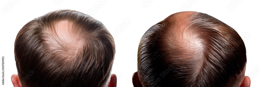 Fototapeta premium top of head area of baldness or hair loss on man isolated on white background