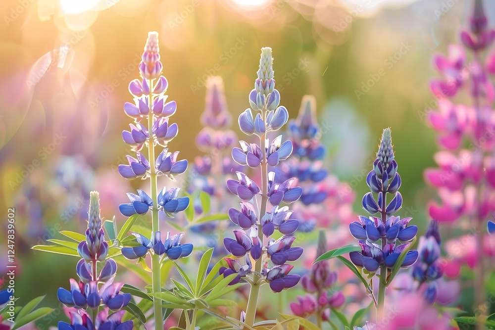 Obraz premium Flowers blooming in the field at sunset, close up