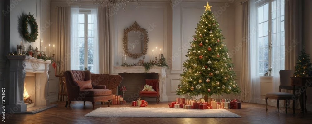 Majestic Christmas tree towering above the room with sparkling ornaments and twinkling lights, holiday tree, towering above, majestic Christmas tree Majestic Christmas tree towering above the room with sparkling ornaments and twinkling lights, holiday tree, towering above, majestic Christmas tree