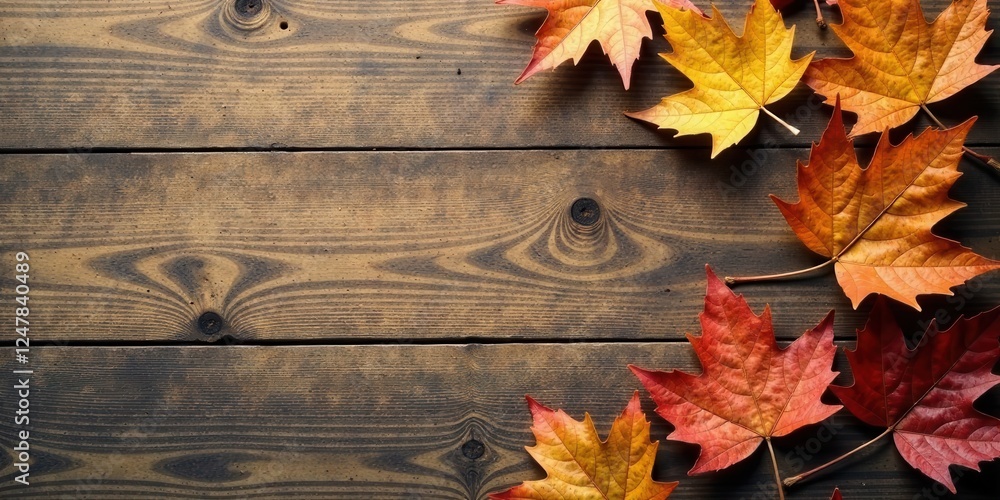 Obraz premium Autumnal foliage arranged on rustic wood surface, showcasing vibrant fall colors and natural textures