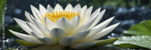 Majestic white water lily close-up with water droplets, natural beauty, water drops, blooming water lilies, close focus, aquatic nature