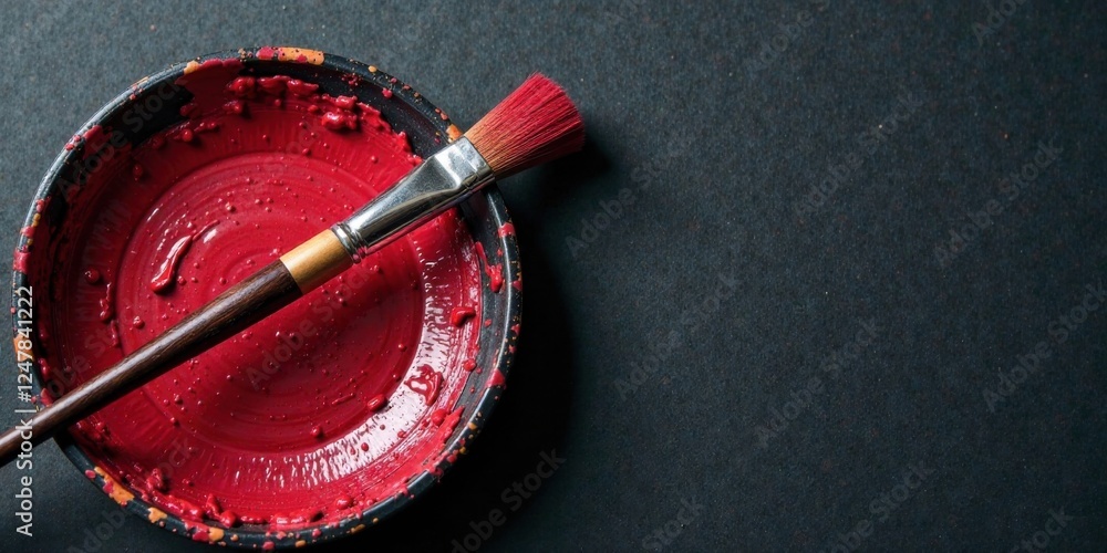 A paintbrush rests on a small bowl of vibrant crimson paint, a scene of artistic creation and expression A paintbrush rests on a small bowl of vibrant crimson paint, a scene of artistic creation and expression