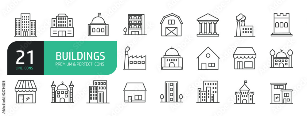 Set Of Buildings Line Icons. Set Of Buildings Line Icons.