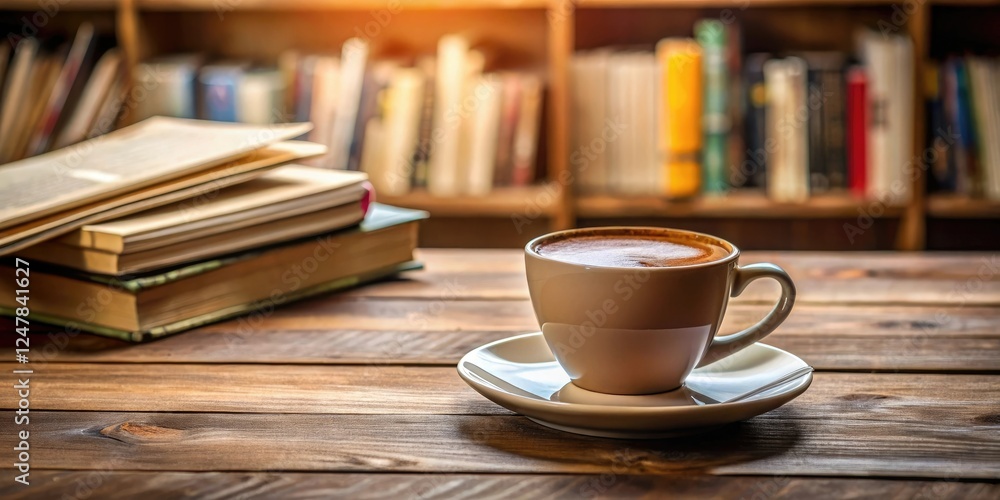 Mocha colored coffee cup sitting on a wooden table surrounded by books and papers, brown background, reading, leather chair Mocha colored coffee cup sitting on a wooden table surrounded by books and papers, brown background, reading, leather chair