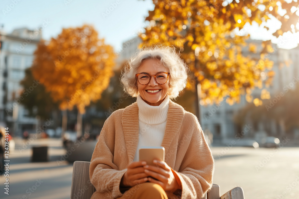 Happy elderly woman enjoying a sunny autumn day with her smartphone
Happy elderly woman enjoying a sunny autumn day with her smartphone