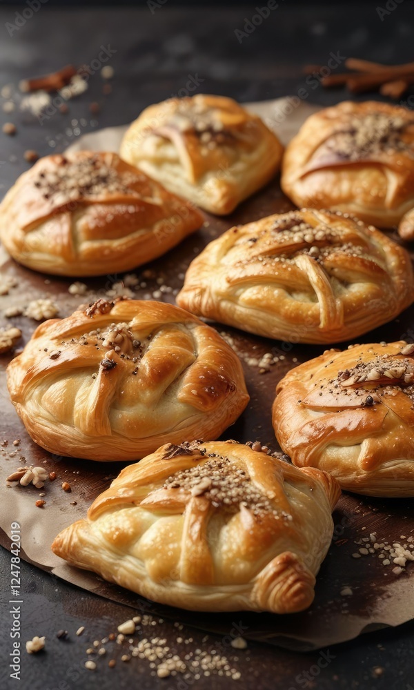 Flaky pastry filled with a sweet, gooey filling and topped with sesame seeds and cinnamon, sweet filling, tasty treats , cinnamon Flaky pastry filled with a sweet, gooey filling and topped with sesame seeds and cinnamon, sweet filling, tasty treats , cinnamon