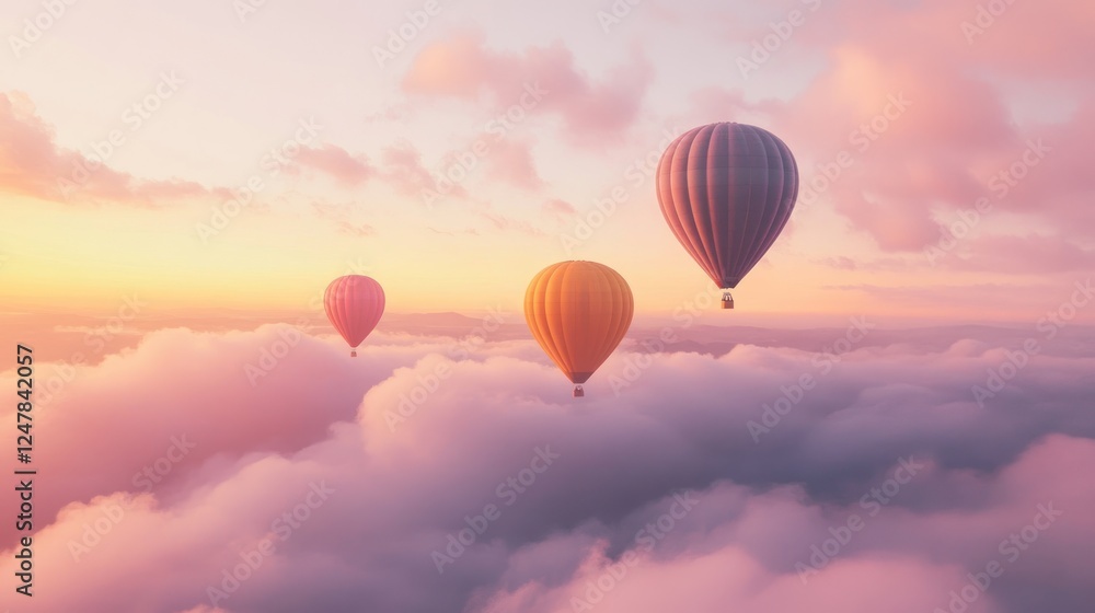 Obraz premium Sunrise hot air balloons above cloudscape, travel, adventure