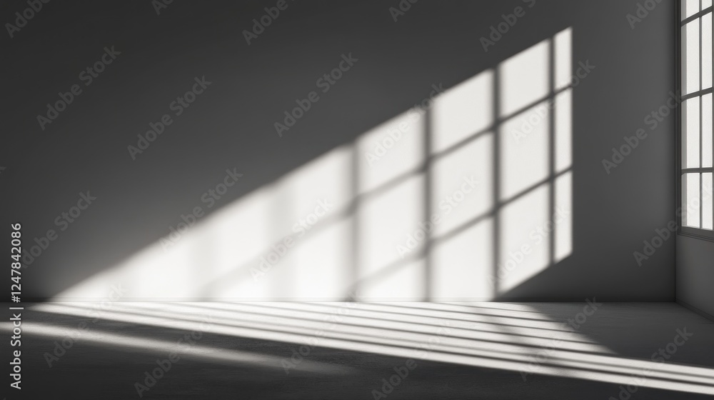 Obraz premium Sunlight streams through industrial window in empty room, casting shadows