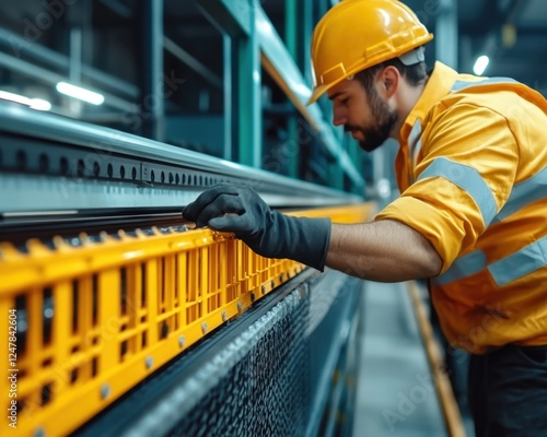 Factory worker securing machine guard, preventing industrial accidents A crucial step in occupational safety and health, demonstrating best practices for machine guarding and risk assessment to