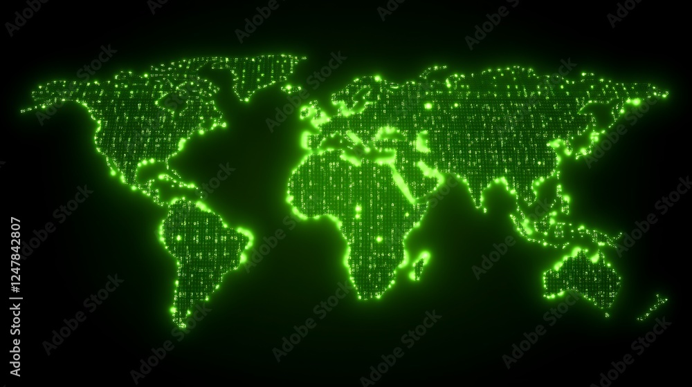 Green Digital World Map Illuminates Global Connectivity Green Digital World Map Illuminates Global Connectivity