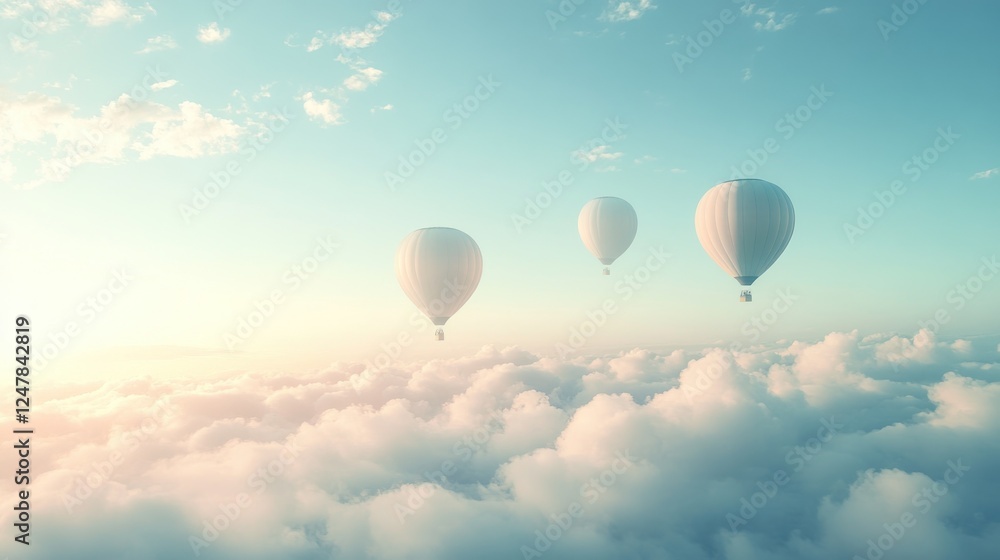 Three hot air balloons soar above serene cloudscape at sunrise; travel, freedom concept Three hot air balloons soar above serene cloudscape at sunrise; travel, freedom concept