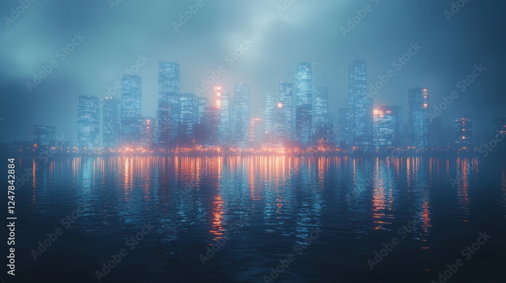 Futuristic city skyline reflecting on calm water at night Futuristic city skyline reflecting on calm water at night