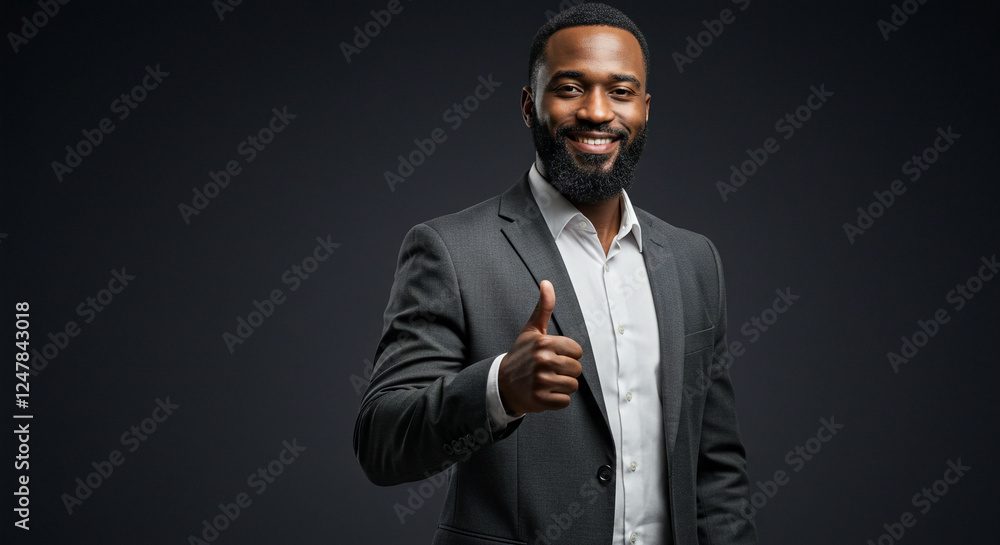 Executive Giving Confident Thumbs-Up on Charcoal Gray Background with Refined Negative Space Executive Giving Confident Thumbs-Up on Charcoal Gray Background with Refined Negative Space
