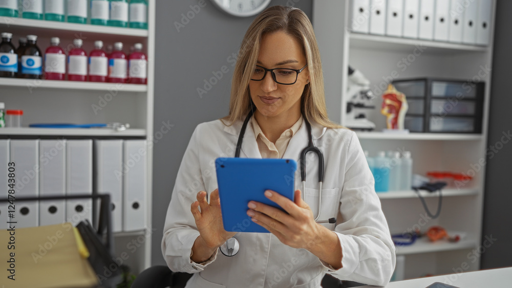 Woman doctor analyzing data on tablet in clinic room with shelves filled with medical supplies and anatomical models, wearing white coat and stethoscope. Woman doctor analyzing data on tablet in clinic room with shelves filled with medical supplies and anatomical models, wearing white coat and stethoscope.