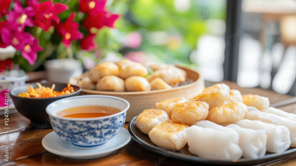 beautifully arranged platter of spring rolls and dumplings with tea beautifully arranged platter of spring rolls and dumplings with tea