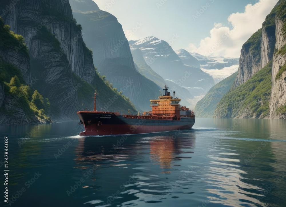 Obraz premium Ocean freighter navigating through the calm waters of Geiranger fjord, landscape, shipping, sea