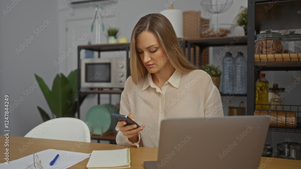Young woman working on smartphone in modern office interior with shelves, plants, and essentials, focusing intently at desk with open laptop and notes, exuding professionalism. Young woman working on smartphone in modern office interior with shelves, plants, and essentials, focusing intently at desk with open laptop and notes, exuding professionalism.