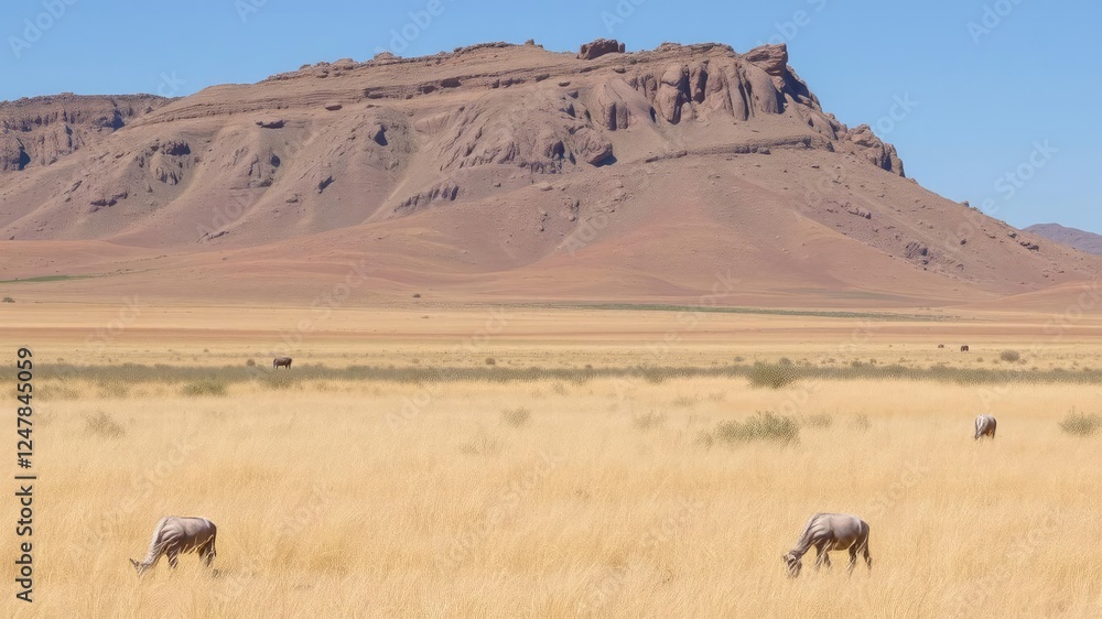 Open savanna landscape with dry grass field in front of a rugged rocky hillside, open space, dry grass, earthy tones Open savanna landscape with dry grass field in front of a rugged rocky hillside, open space, dry grass, earthy tones