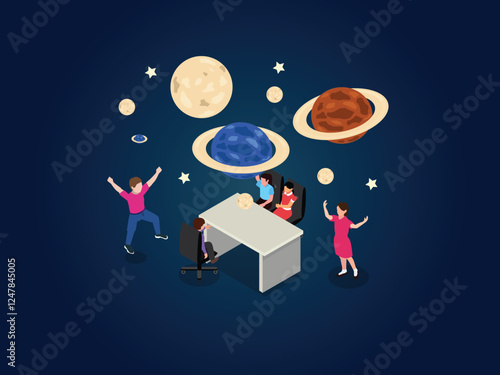 Astronomy Education Concept with Students Exploring Space and Planets 3d isometric vector illustration