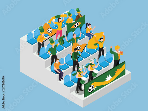 Soccer Fans Cheering in Stadium Stands 3d isometric vector illustration